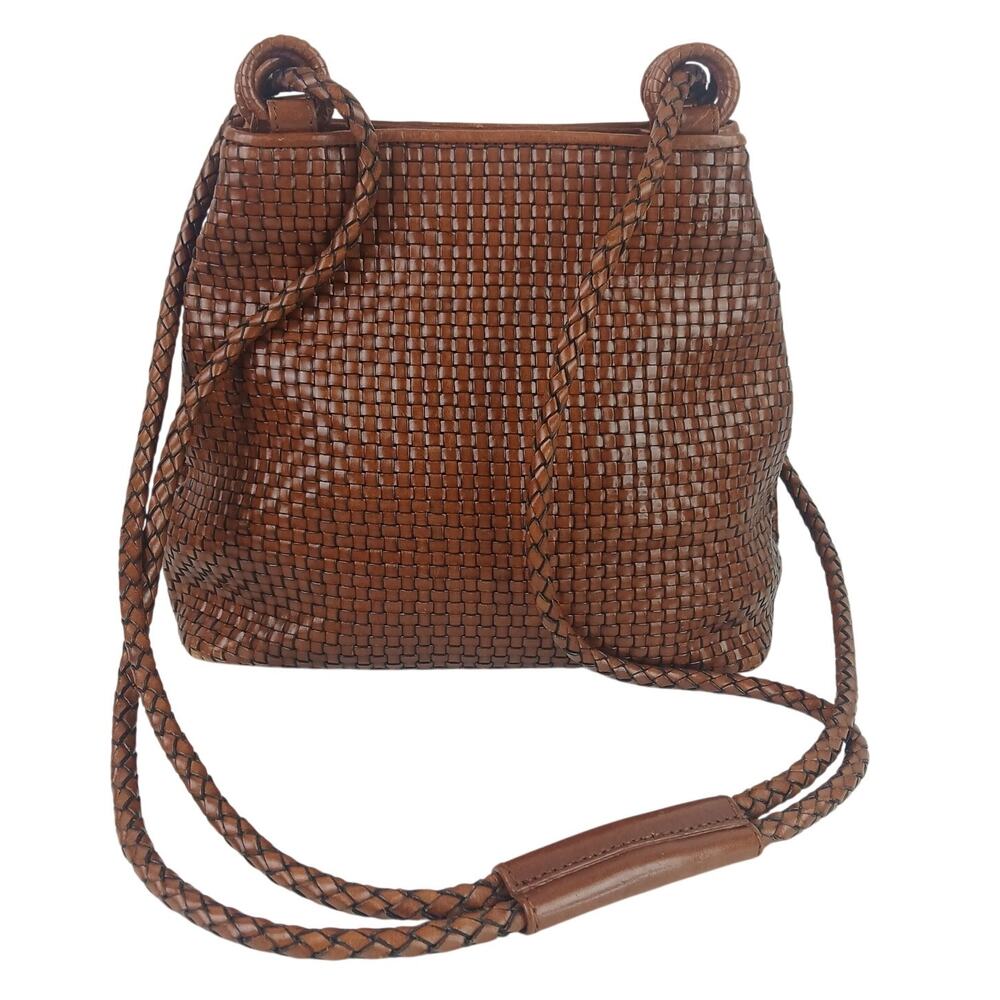 Laura Ashley VTG Woven Leather Crossbody/Backpack Purse Inner Pocket Mirror - Picture 3 of 8